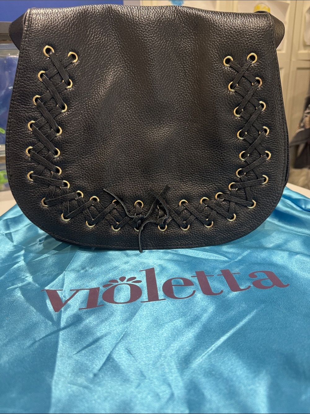 Black Leather Shoulder Bag with Lace-Up Detail